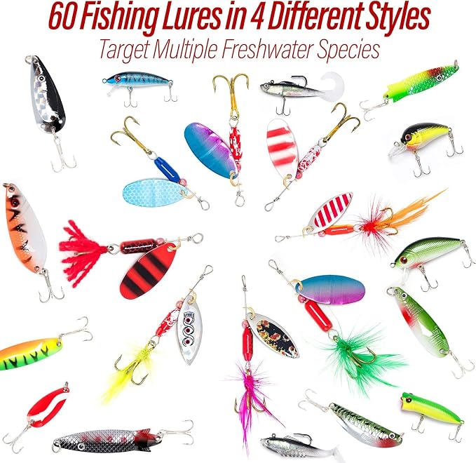 Dr.Fish Fishing Tackle Bag 5 Boxes with 60 Lures Included Loaded Stocked Tackle Box Set Spinner Lures Kit Freshwater Gear Equipment