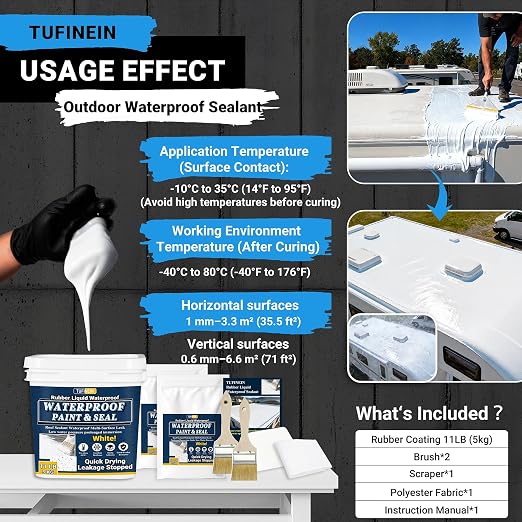 Rubber Liquid Waterproof Sealant, TUFINEIN 11 LB/5 KG White Quick Drying Multi Surface Foundation Leak Repair - Roof Gutters Basement Sealer Waterproof - Indoor & Outdoor Flexible Rubber Paint