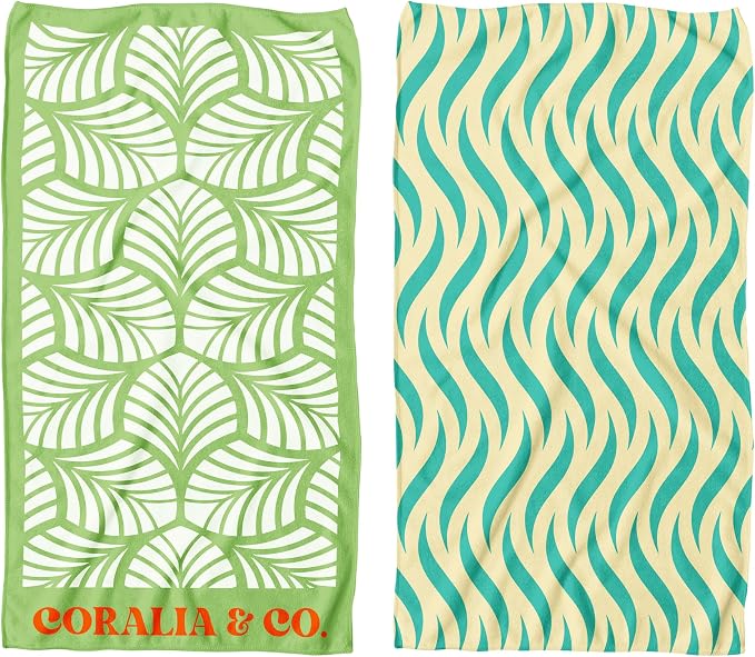Coralia & Co. Large Microfiber Beach Towel - Quick Dry, Sand-Free, Lightweight with Convenient Storage Pouch (Mint Palm)