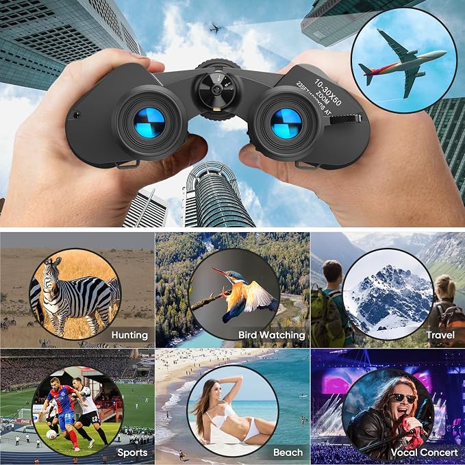 10-30x50 High Power Zoom Binoculars for Adults, Low Light Night Vision/Daily Waterproof / BAK7 Prism/FMC Lens, HD Professional Binoculars for Bird Watching, Hunting, Outdoor, Hiking.
