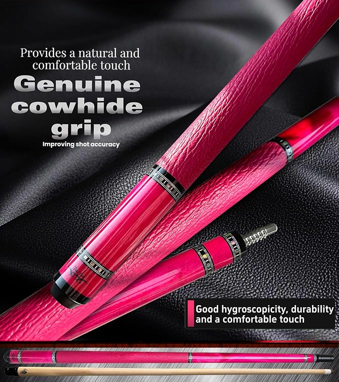 Tai ba cues 2-Piece Pool cue Stick with Case, Genuine Leather Grip, 13mm Tip, 58", 3/8 * 8 Pin Joint, Hardwood Canadian Maple Professional Billiard Cue Stick 19, 20, 21 Oz, Pink, Blue, Green, Orange