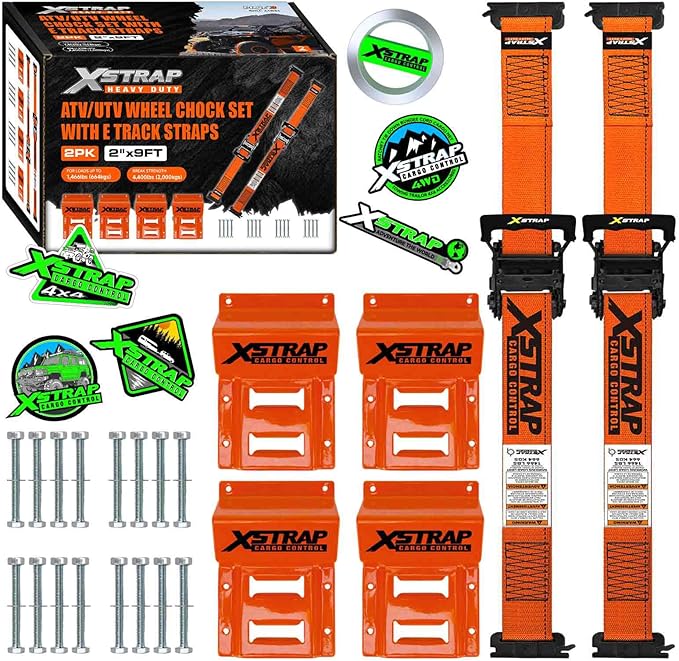 XSTRAP STANDARD Wheel Chock E-Track Tie Down Straps Kit, 2 Pack 2" x 9FT Over-The-Tire Ratchet Straps with Steel Wheel Chocks, 1466 lbs WLL for ATV, UTV, Lawn Mower, Trailer Hauling, Orange