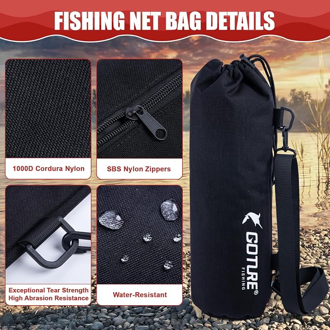 Goture Floating Fishing Net with Assist Handle, Aluminum Alloy Fixed or Telescoping Pole Handle, PVC Coated Nylon Mesh, Foldable Fish Landing Net, Carry Bag for Kayak, Fly, Bass, Trout Fishing