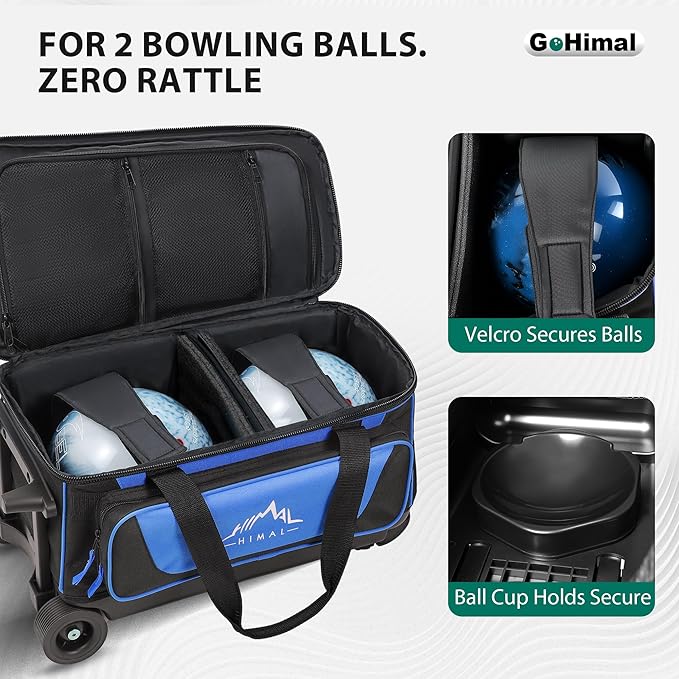 GoHimal Double Roller 2 Ball Bowling Bag with Separate Shoe Compartment for Bowling Shoes (Up To US Mens Size 15) and Oversized Accessory Pocket, Retractable Handle - Extends to 40"