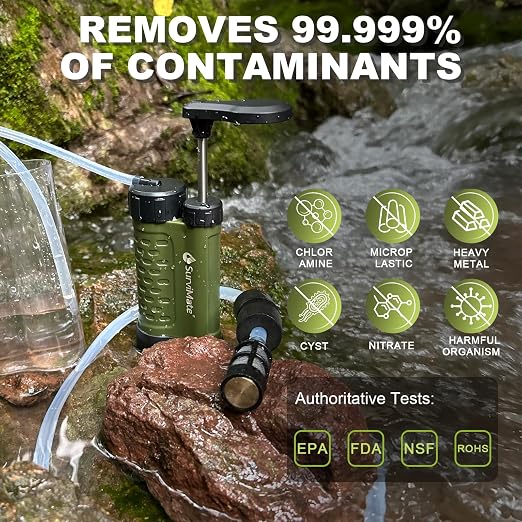 SurviMate Water Purifier Survival Pump，0.01 Micron 5-Stage Water Purifier System，Hand Pump Water Filter Portable Outdoor Emergency，Camping, Hiking, Backpacking