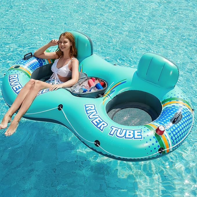 Jasonwell Heavy Duty 2 Person Inflatable River/Pool Tube Float with Removable Cooler, Tubes for Lake, Floating River Raft Lounge Floatie with 2 cup Holders For Adults, Cyan