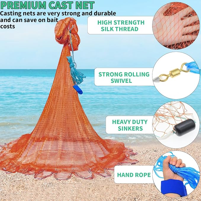 Saltwater Fishing Cast Net Eco-Friendly Rubber Sinker 1/2 Inches Mesh for Bait Shrimp Trap Fish Size 4FT/5FT/6FT/7FT/8FT/9FT/10FT/11FT/12FT Radius