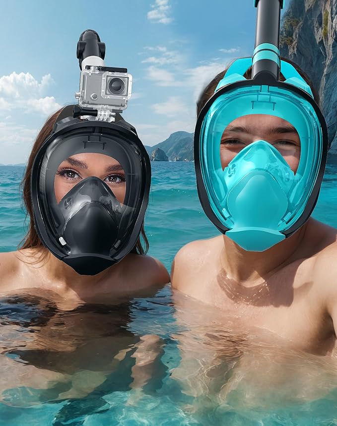 Full Face Snorkel Mask for Adults, 180° Panoramic Anti-Fog Snorkeling Gear with Dry Top System & Camera Mount, Foldable Anti-Leak Design for Travel, Swimming & Ocean Snorkeling