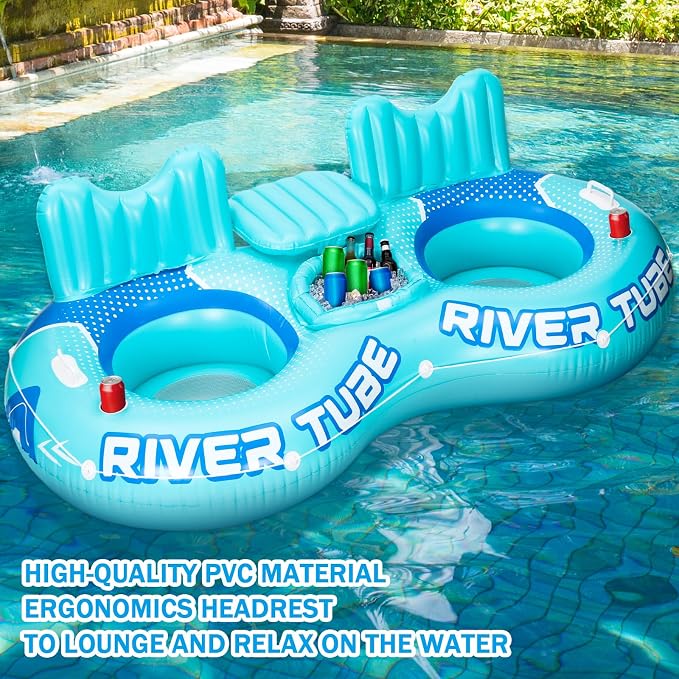 Inflatable River Tube Float, 2 Person Heavy Duty Pool Float with Built in Cooler, Ergonomic Backrest and Cup Holders for Adults, Lake Water Tubes for Floating Summer Relaxation