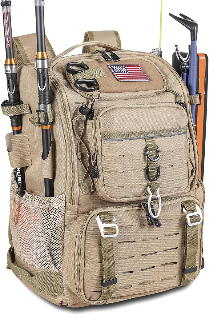 Bagenerous 39L Fishing Tackle Backpack with Rod Holders & Cooler,Water-resistant Fishing Gear Storage Bag with Protective Rain Cover,Khaki