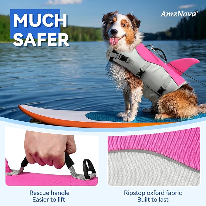 AMZNOVA Shark Dog Life Jacket + Rip Stop Dog Life Jacket, Durable Handle Reflective Buoyance