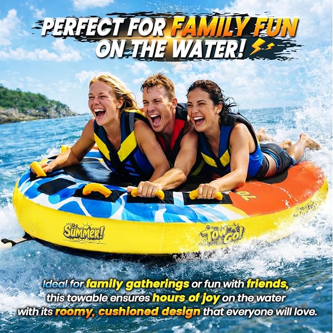 Heavy-Duty Towable Tube for Boating, Boat Tubes with Nylon Cover, Inflatable Water Sport Towables with Front Back Tow Points, Super Round Design