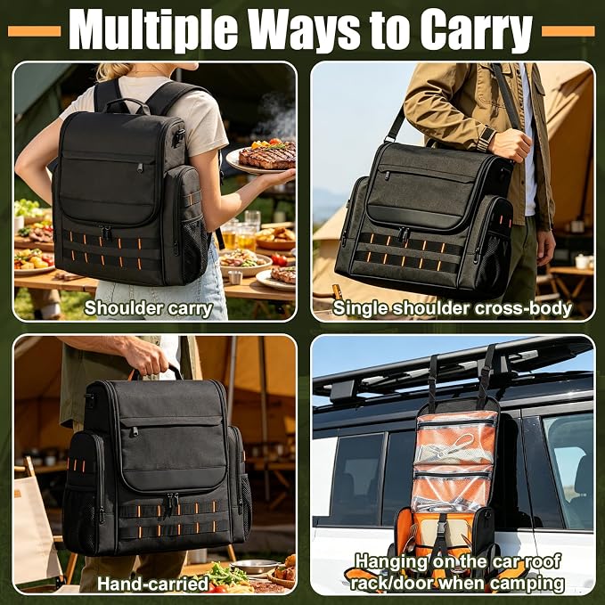 Large Camp Kitchen Organizer with Paper Towel Holder,Hanging Camping Storage Organizers with Metal Hook, Camping Utensil Bag for BBQ Cooking Essentials, With a Canvas Bag for Picnic Pot, Black