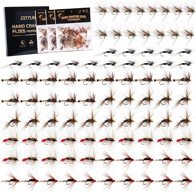 Goture Fly Fishing Flies Kit,25pcs/30pcs/100pcs Fly Fishing Lures,Dry Flies Wet Flies Streamers Nymphs Flies, Fly Fishing Assortment Kit for Bass Trout Salmon Fishing