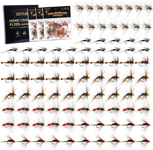 Goture Fly Fishing Flies Kit,25pcs/30pcs/100pcs Fly Fishing Lures,Dry Flies Wet Flies Streamers Nymphs Flies, Fly Fishing Assortment Kit for Bass Trout Salmon Fishing
