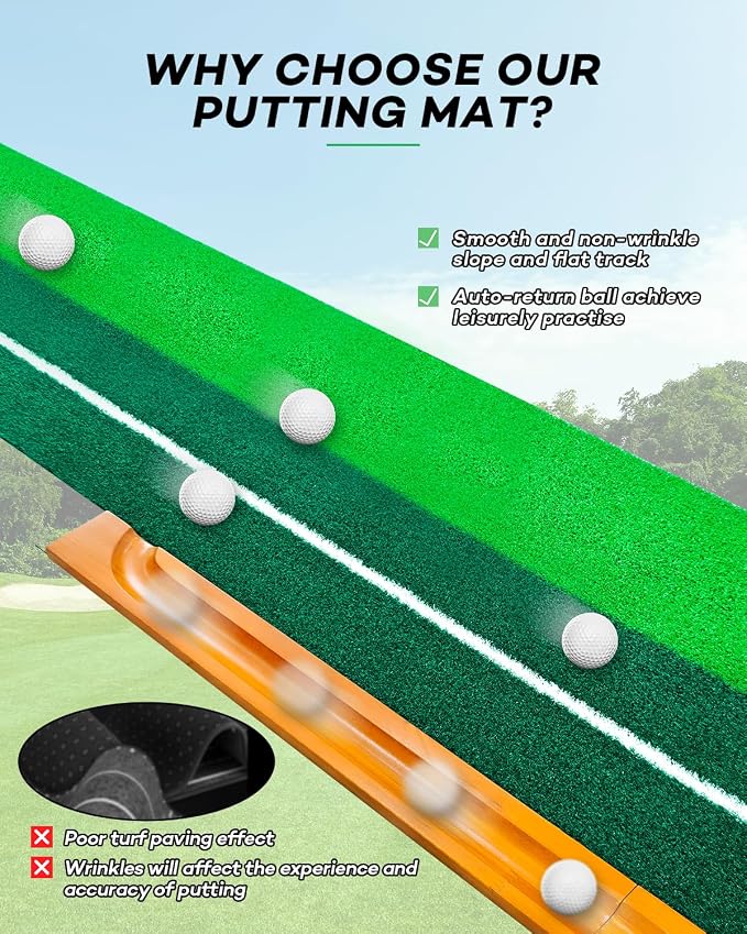 IDEASKY Golf Putting Mat, 9 Ft, Indoor | Auto Ball Return, Dual Holes, Alignment Guides, Gift for Men Daddy Golfer