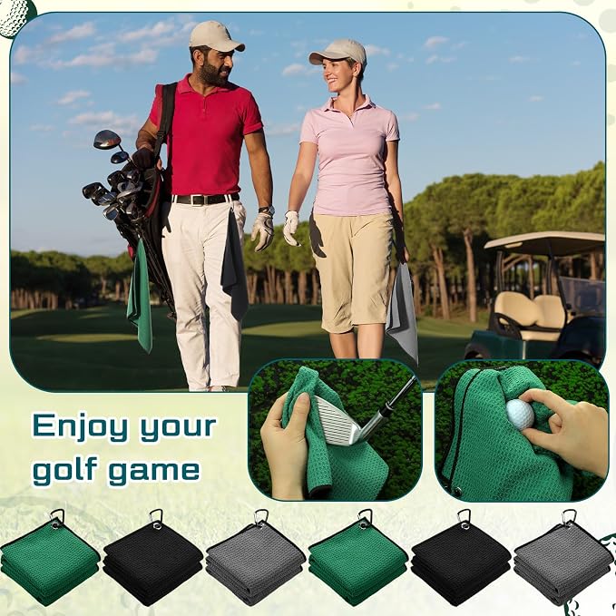 Batiyeer 30 Pcs Golf Towels Bulk for Bags 16'' x 16'' Microfiber Fabric Golf Towel with Clip Waffle Pattern for Men Mini Tournament Fitness Yoga Camping(Black,Gray,Green)