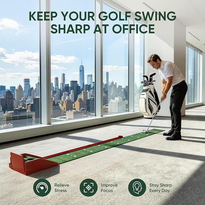 Golf Putting Green Indoor - Practice Uphill Putts, 3-Level Adjustable Incline, Auto Ball Return and Foldable Solid Wood Base, Golf Training Aid for Home, Office, Backyard - Golf Putting Mat