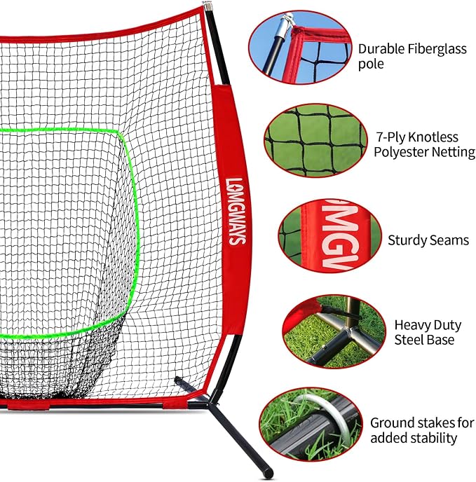 7x7ft/8x8ft Baseball Softball Net with Steel Frame for Batting, Hitting, Pitching, Portable Baseball Batting Net with Carry Bag, Great for All Levels