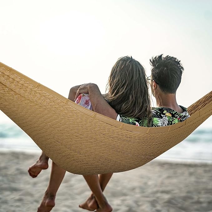 Lazy Daze Hammocks Handwoven XL Mayan Hammock, 10.5 FT Soft Rope Double Hammocks, Portable Outdoor Hammock with Carry Bag, 2 Straps & Carabiners for Patio Outside, 550 lbs Weight Capacity, Tan