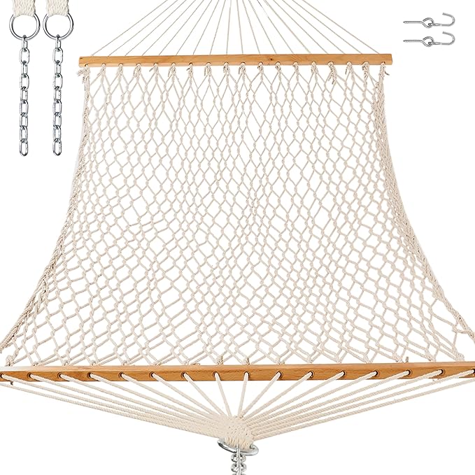 GAFETE 12ft Double Hammocks for Outside, Handwoven Traditional Cotton Rope 2 Person Hammock with Hardwood Spreader Bar, Chains & Hooks for Indoor Outdoor, Max 450 lbs Capacity (Natural Beige, Medium)