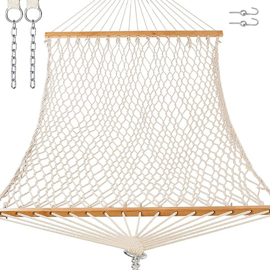 GAFETE 12ft Double Hammocks for Outside, Handwoven Traditional Cotton Rope 2 Person Hammock with Hardwood Spreader Bar, Chains & Hooks for Indoor Outdoor, Max 450 lbs Capacity (Natural Beige, Medium)