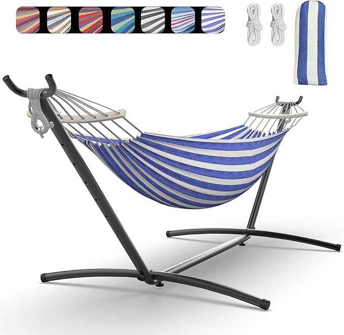EveryFun Double Hammock with Heavy-Duty Steel Stand,Portable,Easy Assembly,600lbs Weight Capacity,Perfect for Indoor,Yard,Camping,or Outdoor-BlueWhite