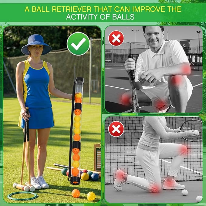 Soulchen 2 Pack Ball Retriever Upper Compatible with Pickleball Tennis Pickup Tube Holds 11/16 Balls with Shoulder Strap Easy Pickup Portable Ball Holder Storage Compatible with Pickleball