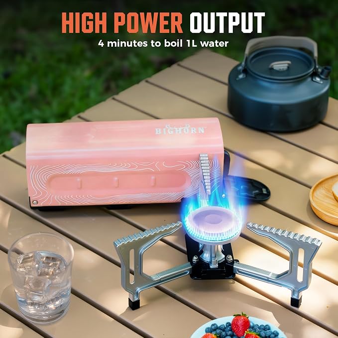 BIG HORN OUTDOORS Butane Camping Stove, Portable Folding Gas Burner with Carry Bag for Camping, Emergency Use and Outdoor Cooking, Pink