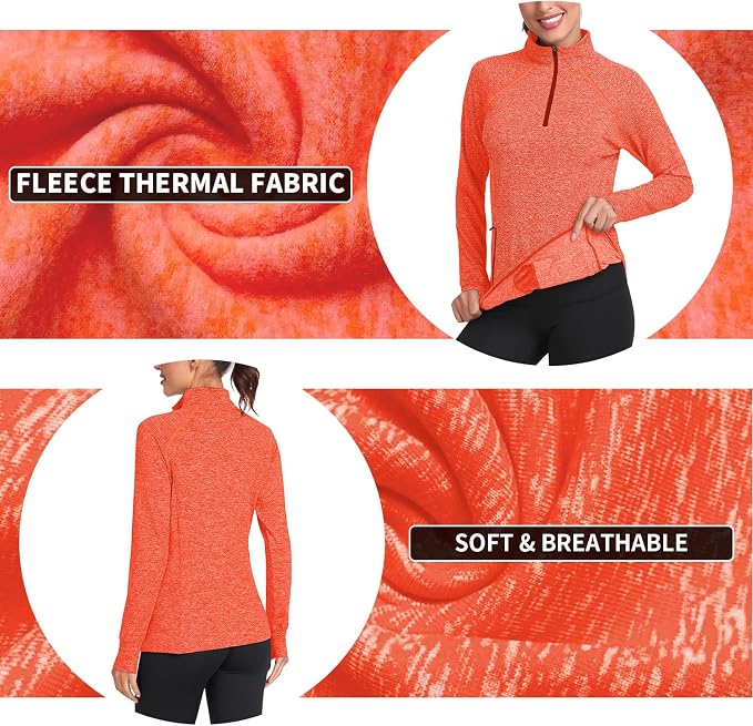 Soneven Women's Thermal Fleece Running Shirts Warm Winter Pullover Cold Weather Workout Hiking Tops with Thumb Holes Pockets