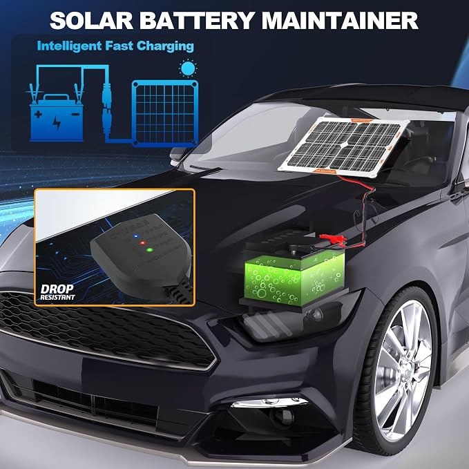 OYMSAE White 20W 12V Solar Panel Battery Charger Portable Waterproof Power Trickle Battery Charger & Maintainer for Car Boat Automotive RV with Cigarette Lighter Plug & Wiring Clip