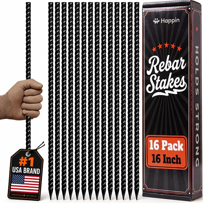 Happin® 16 Inch Rebar Stakes, Straight Garden Stakes Heavy Duty Galvanized Metal Stakes, Landscape Timber, Concrete Form, Tree & Plant Support, Yard Stakes, Ground Anchors (I Shape – 16 Pack)