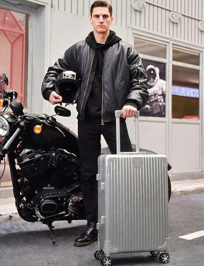 20 Inch Carry On Suitcase with TSA Lock, Zipperless Aluminum Frame Luggage, Lightweight Hardshell Rolling Suitcase with Wheels for Business Travel, Silver
