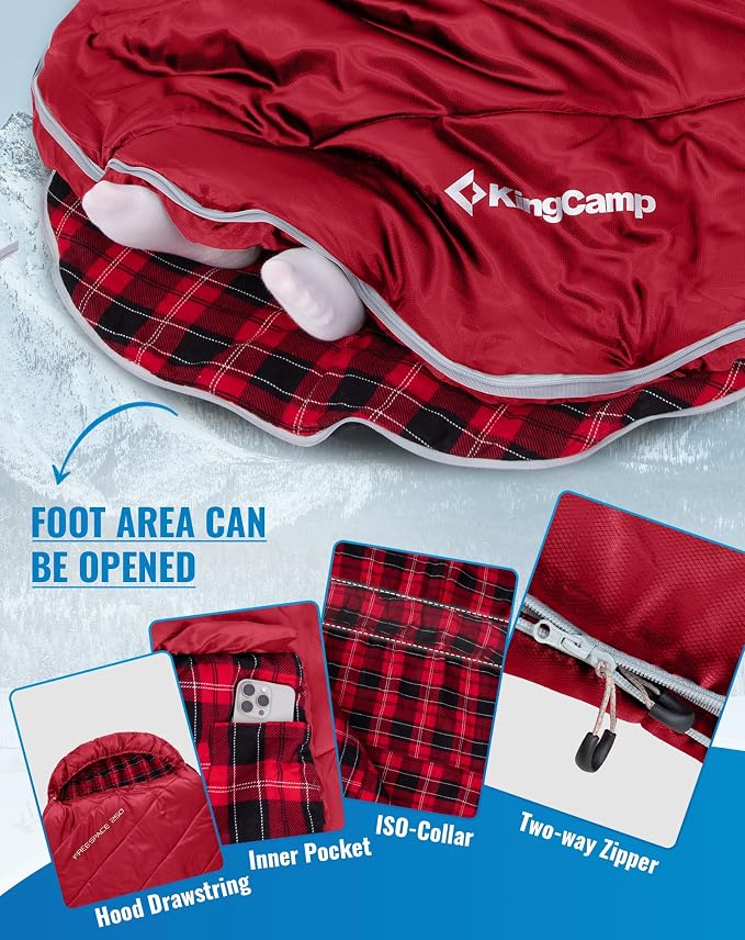KingCamp Sleeping Bag for Adults Big and Tall, Cold Weather Camping Sleeping Bag with Soft 100% Cotton Flannel Lining, Portable Lightweight Outdoor Traveling & Car Camping