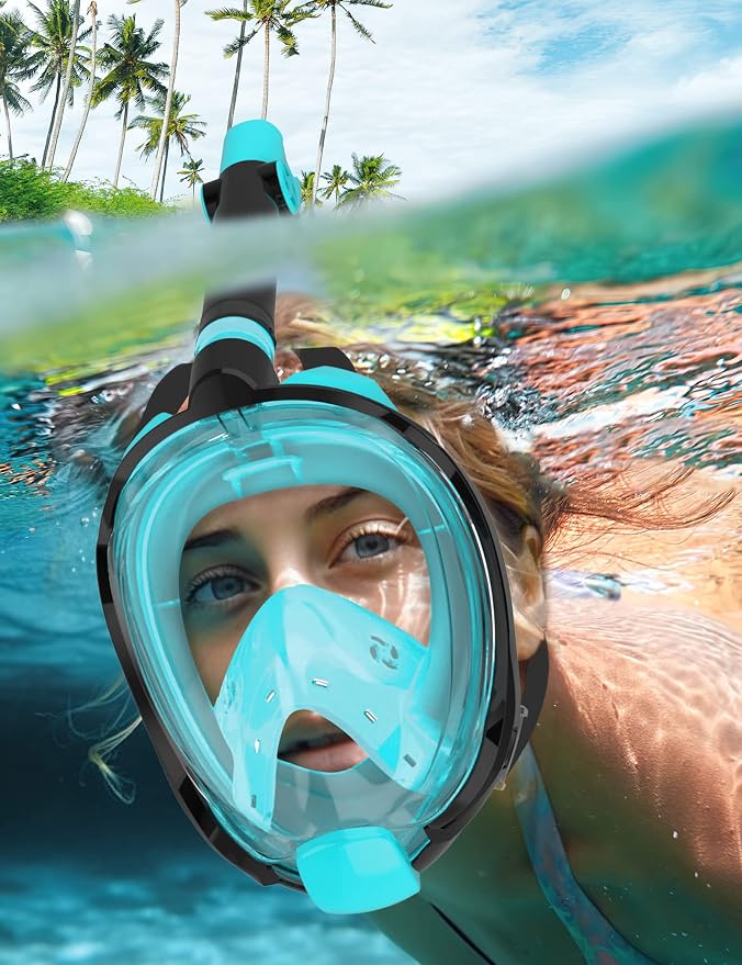WSTOO Full Face Snorkel Mask, Dry Top Snorkeling Gear for Adults, 180° Panoramic Foldable Design with Camera Mount, Safe Mouth/Nose Breathing, Anti-Fog & Anti-Leak