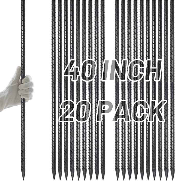 AAGUT Rebar Stakes 40 Inch 20 Pcs, Heavy Duty 1/2" Landscpe Timber Spikes Concrete Forming Stakes Straight Metal Garden Plant Stakes Anti Rust Black Coating