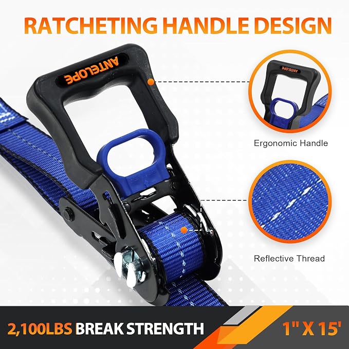 Ratchet Tie Down Straps Set, 2100 LBS Breaking Strength, 4 Pack 1" x 15' Heavy Duty Ratchet Straps, Cargo Strap, Motorcycle Straps for Trucks, Bicycle, Kayak, Moving, Tie Downs with S Hooks, Blue
