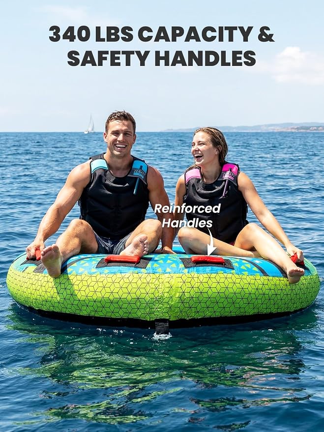 Zeraty Towable Tube for Boating 1-2 Riders, Heavy Duty Inflatable PVC Water Tube with 420D Nylon Cover & Reinforced Handles, Stable Deck Tube for Lake Ocean River, Towable for Water Sports Kids Adults