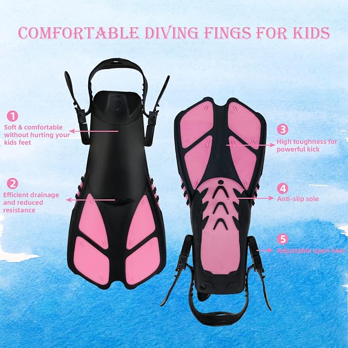 Kids Snorkeling Set - Adjustable Flippers + Panoramic Snorkel Mask + Dry Snorkel Tube + Travel Bags - Suitable for Kids & Juniors, Age 5-14