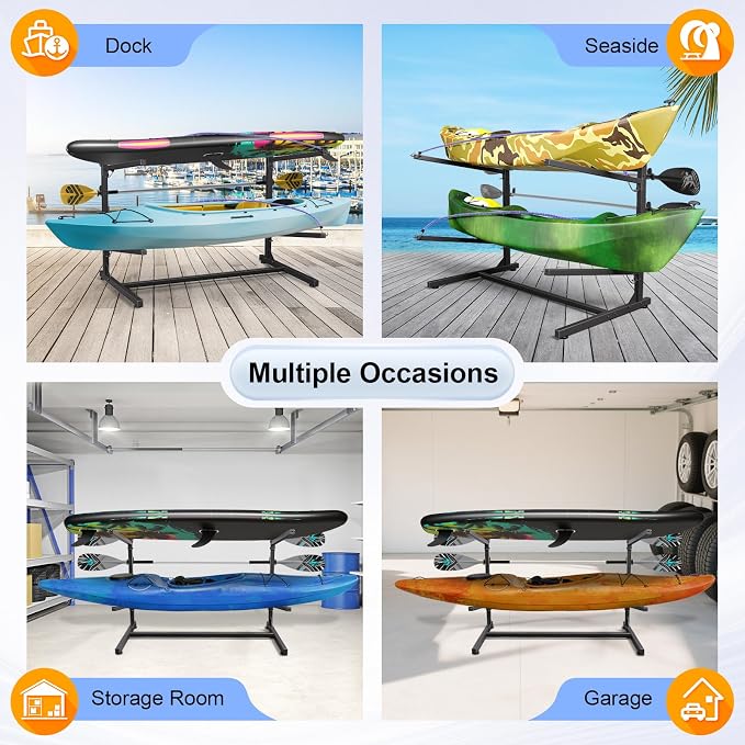 Kayak Storage Rack, Heavy Duty Freestanding Kayak Racks for Garage and Outdoor Storage, Storage Rack Adjustable for Kayak, Canoe, Surfboard & Paddle board (2 Levels for 2 Kayaks)