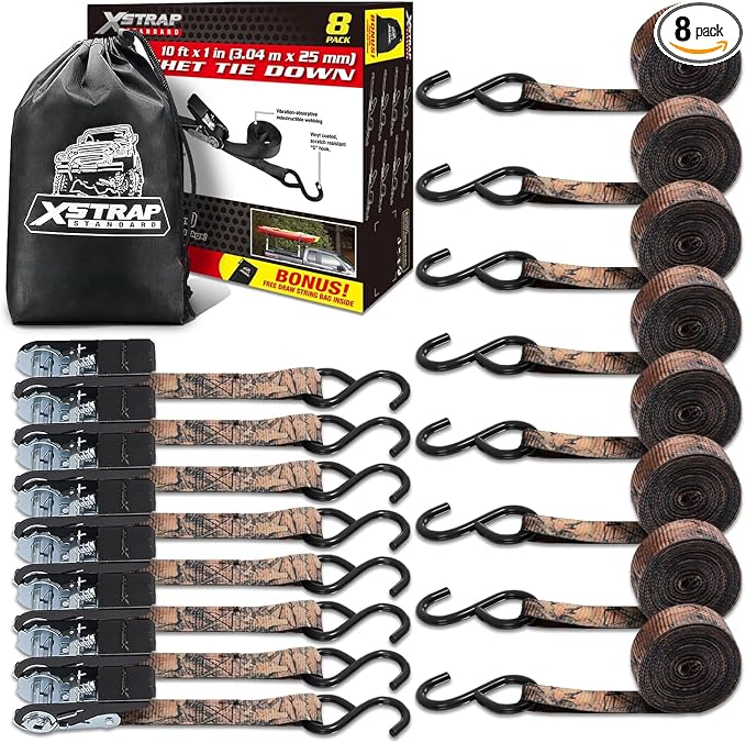 XSTRAP STANDARD 8-Pack Ratchet Tie Down Straps, 1" x 10ft, 900lb Break Strength Heavy Duty Straps for Motorcycles, ATVs, Lawn Equipment, Appliances & Truck Cargo - Camouflage