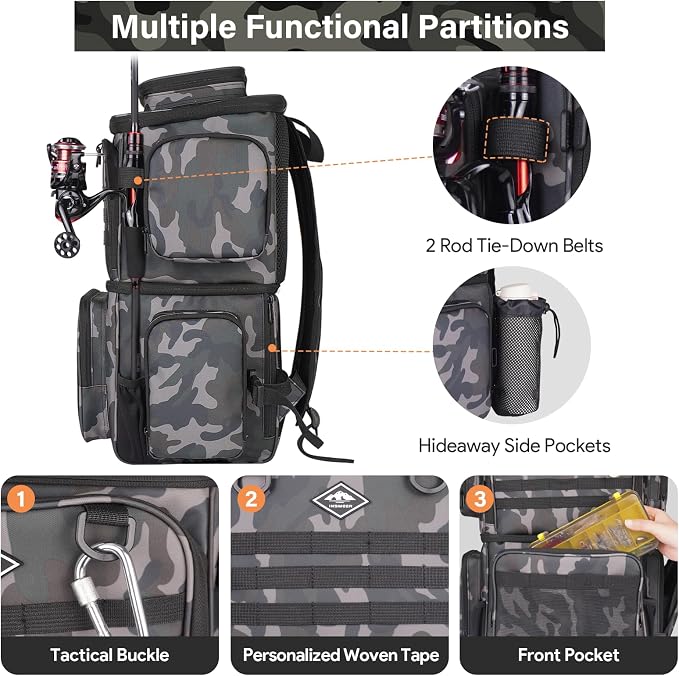 Fishing Tackle Backpack with Cooler Bag, 53L Waterproof Fishing Bag with 2 Rod Holders, Large Fishing Backpacks with Bottle Holder & Coolers, Tackle Storage, Heavy Duty Outdoor Cooler Backpack for Men