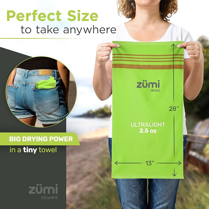 Zumi MINI 100% Cotton Camping Travel Towel - Small, Ultralight, Fast Drying, Highly Absorbent, Soft and Gentle on the Skin, Safe for the Planet (28" x 13" Green)