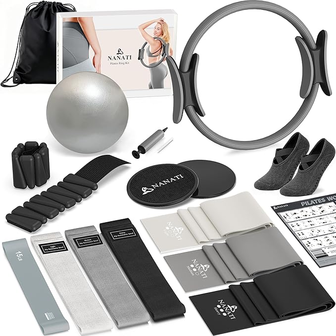 NANATI Pilates Kit, Home Pilates Workout Kit for Women, Pilates Equipment with 14.5" Pilates Ring and Ball, Resistance Bands, Ankle Weights, Sliders & Grip Socks for Home Workouts