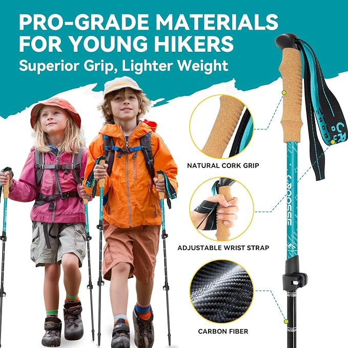 Carbon Fiber Kids Hiking Poles - Lightweight Adjustable Hiking Stick and Trekking Poles for Children, 1 Pair Collapsible Kids Walking Stick with Cork Grips for Hiking and Skiing
