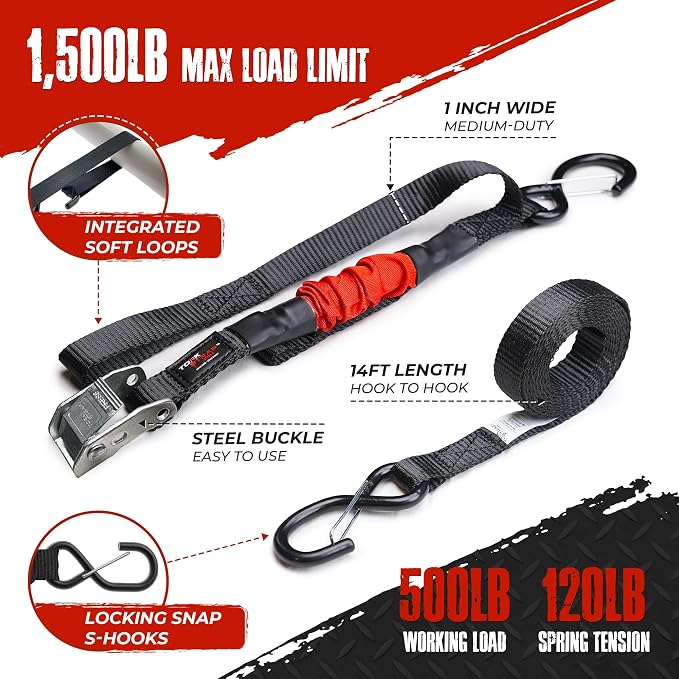 TorkStrap 14' x 1'' Self Tensioning Tie Down Straps [Patented] - Automatically Adapt to Load Shifts - 1,500LB Break Strength - Pull Alternative to Ratchet Straps - Integrated Soft Loop & Hooks (12-PK)