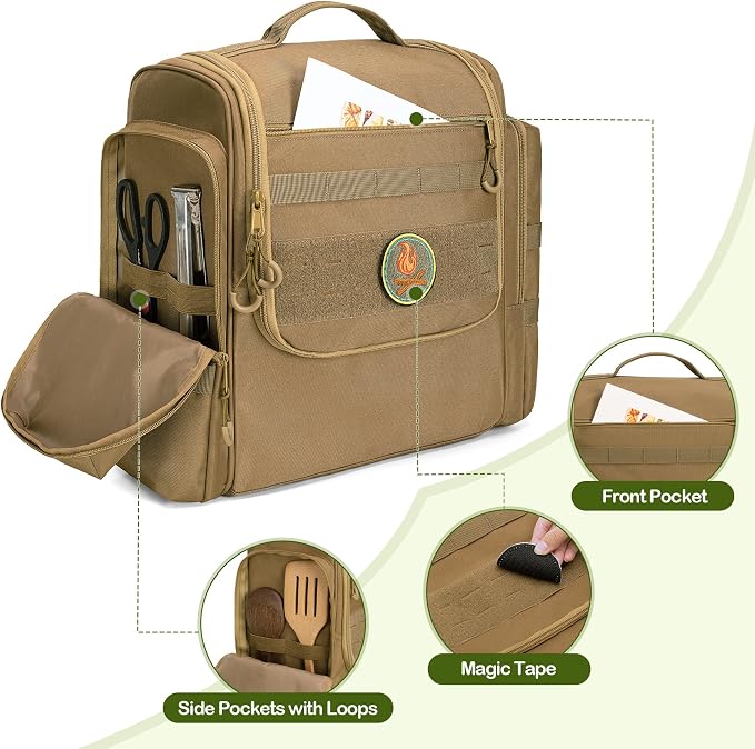 HODRANT Large Tactical Camping Kitchen Organizer, Hanging Cookware Storage Bag with Paper Towel Holder & Multi Pockets, Portable Camp Utensil Organizer for BBQ Cooking Essentials, Khaki, Bag Only