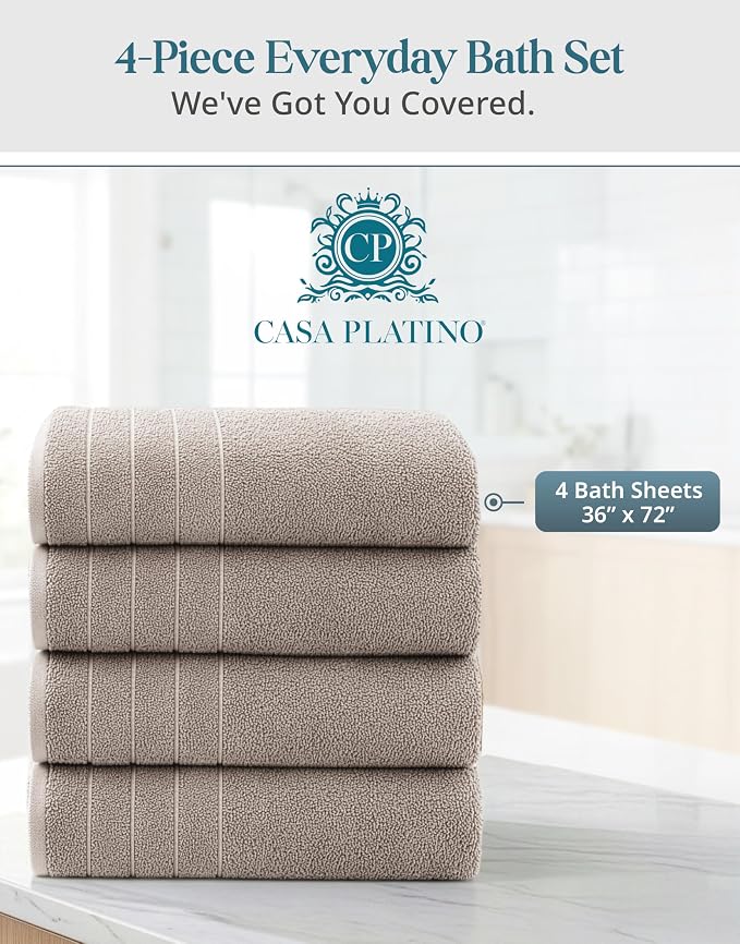 Casa Platino Bath Sheets 4 Pack (36"x 72"), 100% Ring Spun Cotton Bathroom Towels, Soft Absorbent Bath Sheet Sets, Quick Drying Towels - Platinum