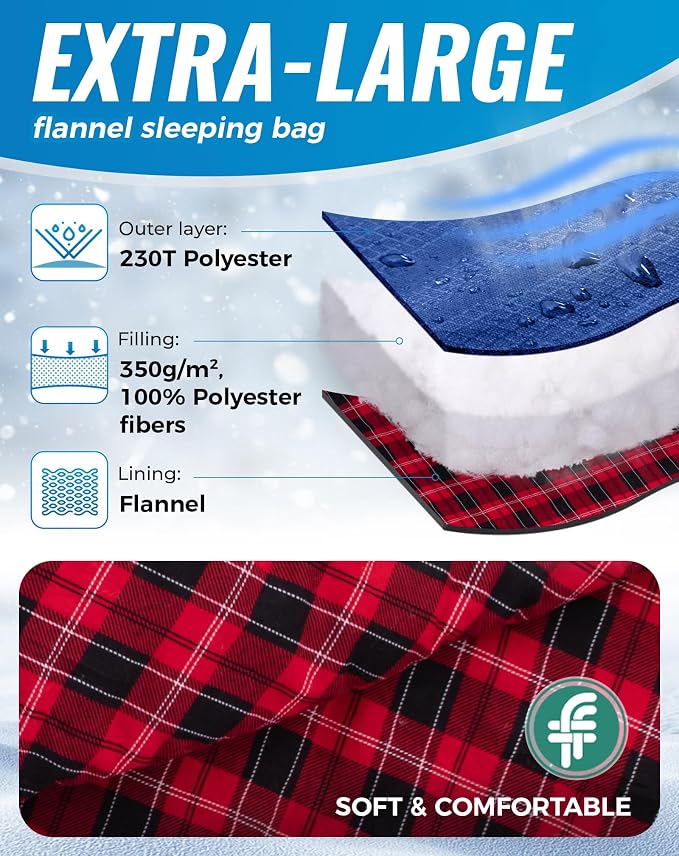 KingCamp Sleeping Bag for Adults Big and Tall, Cold Weather Camping Sleeping Bag with Soft 100% Cotton Flannel Lining, Portable Lightweight Outdoor Traveling & Car Camping
