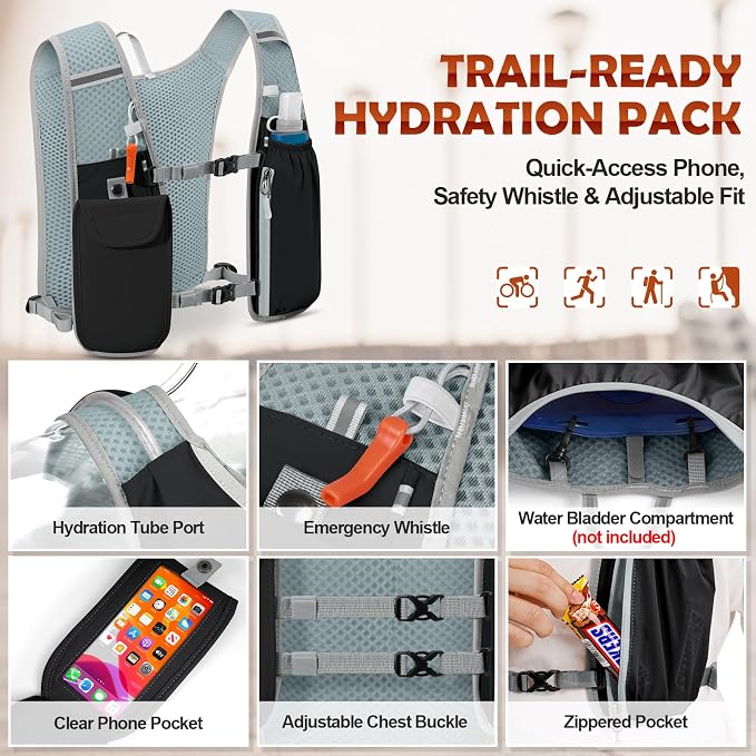 RAINSMORE Running Hydration Vest with 500ml Soft Flask, Waterproof Phone Pocket, Lightweight Hydration Pack, Adjustable No-Bounce Straps for Trail Running, Marathon, Cycling